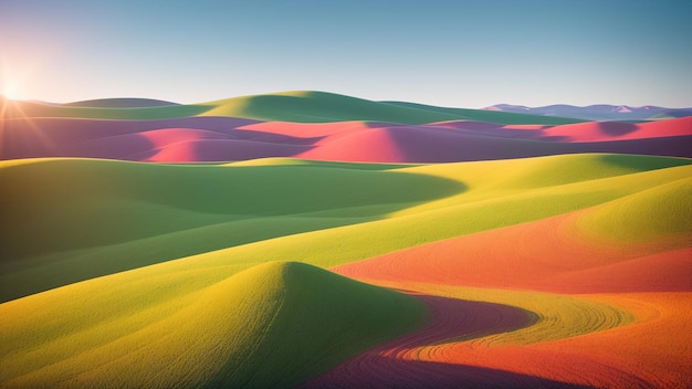 Eine wunderschöne Aussicht auf ein Feld farbenfroher Hügel mit der Sonne, die KI-generativ scheint