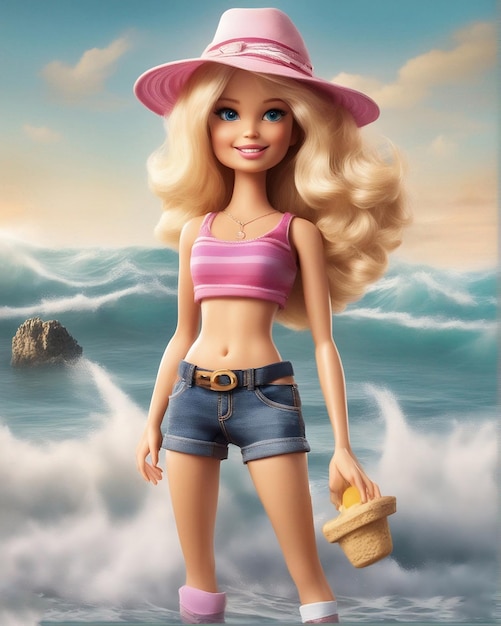 Eine wunderschöne Barbie mit Hut steht am Strand