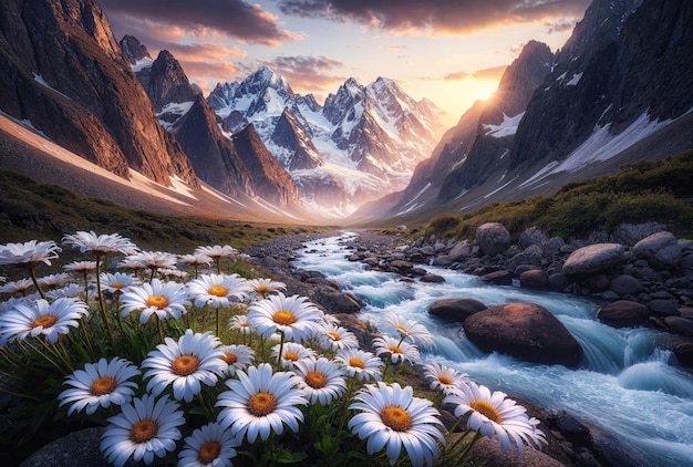 Eine wunderschöne Berglandschaft mit einem Fluss, der durch sie fließt