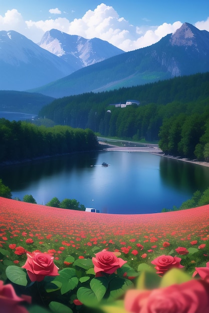 Eine wunderschöne Berglandschaft mit einem See und einer Blumenwiese.