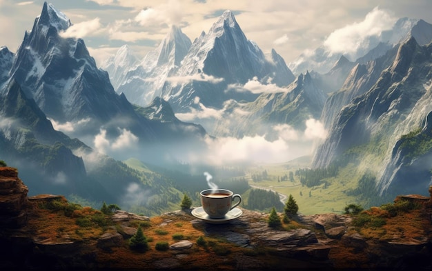 Eine wunderschöne Berglandschaft mit einer Tasse Kaffee auf einem Felsen deutet auf Frieden hin, der von der KI erzeugt wurde