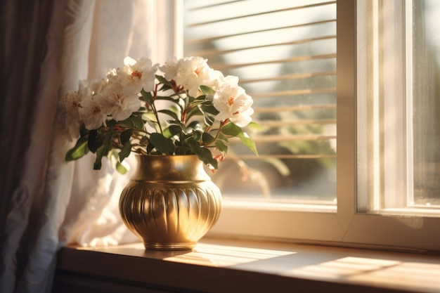 Eine wunderschöne Blumenvase auf einem Fensterbrett. Perfekt, um jedem Raum einen Hauch von Natur und Farbe zu verleihen