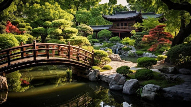 Eine wunderschöne Brücke spannt sich anmutig über einen ruhigen japanischen Gartenteich