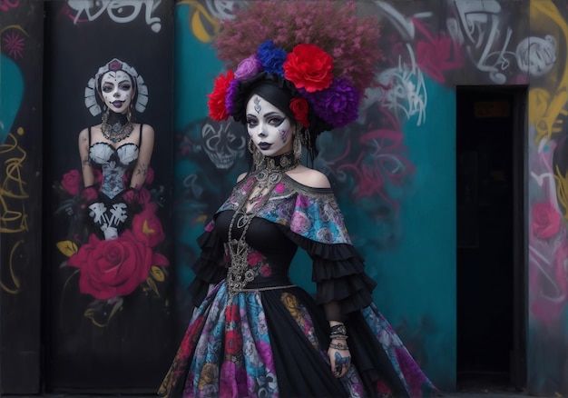 Eine wunderschöne Catrina in einer modernen urbanen Umgebung