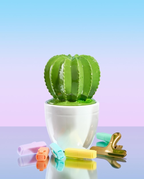 Eine wunderschöne Figur eines großen grünen Kaktus auf einem Hintergrund mit Farbverlauf. Bürobedarf