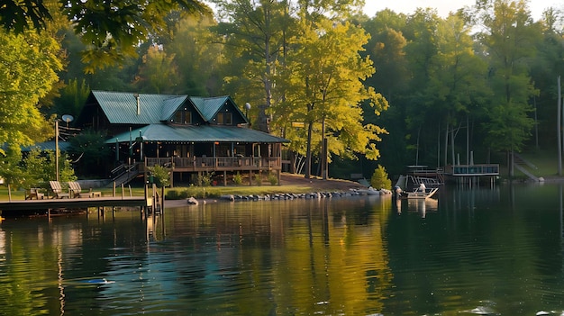 Eine wunderschöne Hütte am See, eingebettet im Wald. Die Hütte ist von üppigen Bäumen umgeben und hat ein großes Deck mit Blick auf den See.