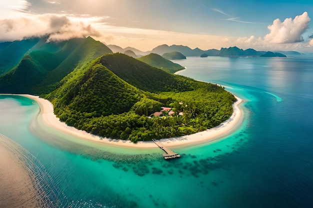 Eine wunderschöne Insel mit einem Strand und Bergen im Hintergrund