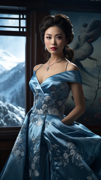 Eine wunderschöne junge chinesische Dame posiert gegen einen schneebedeckten Gipfel in einem blauen Kleid Generative KI