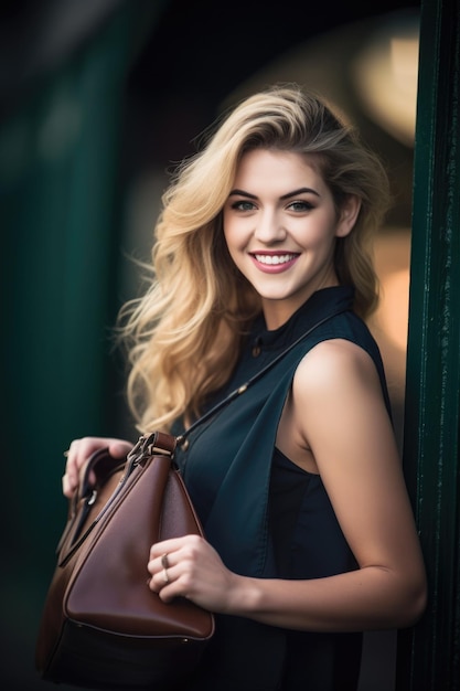 eine wunderschöne junge Frau hält ihre Handtasche und lächelt Sie an, die mit generativer KI geschaffen wurde