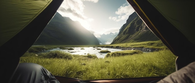 Eine wunderschöne Landschaft aus dem Inneren eines gemütlichen Zeltes mit generativer KI