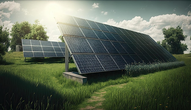Eine wunderschöne Landschaft voller grüner Felder und blauer Himmel mit hochrealistischen Sonnenkollektoren, die die Energie der Sonne nutzen, um unsere Welt nachhaltig mit Strom zu versorgen. Generiert von KI