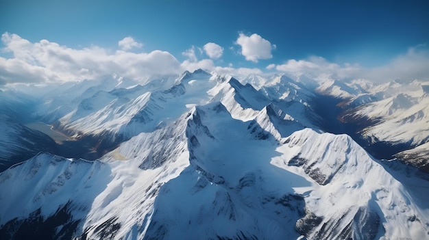 Eine wunderschöne Landschaftsaufnahme mit schneebedeckten Bergen und herrlich blauem Himmel. Generative KI