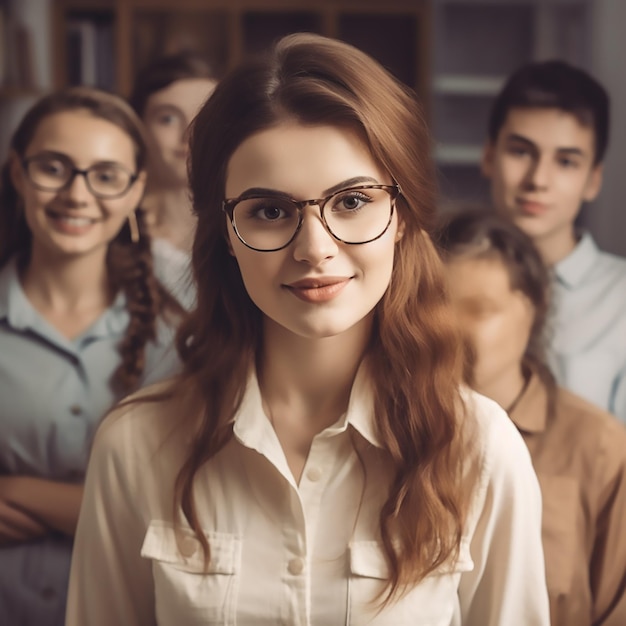 Eine wunderschöne Lehrerin posiert mit ihren Schülern vor der Kamera