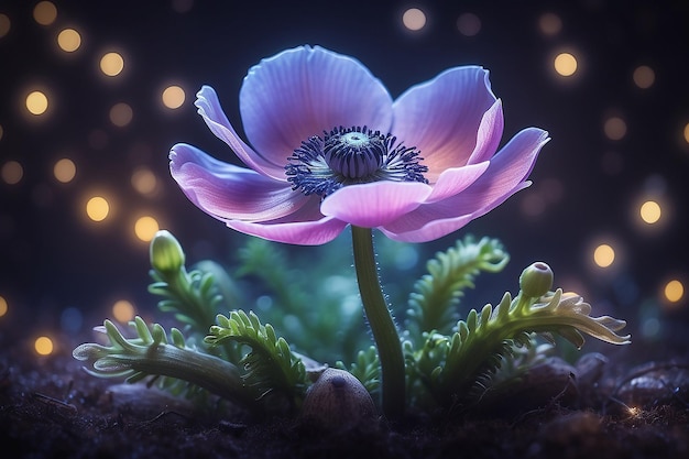 Eine wunderschöne magische Anemonenblume mit magischen Lichtern im Hintergrund