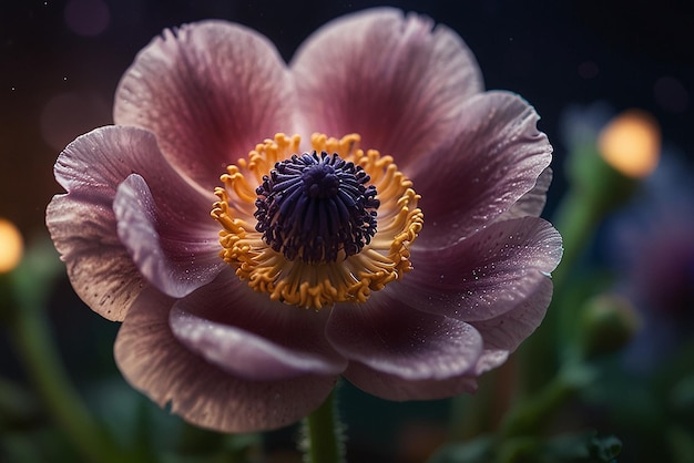 Eine wunderschöne magische Anemonenblume mit magischen Lichtern im Hintergrund