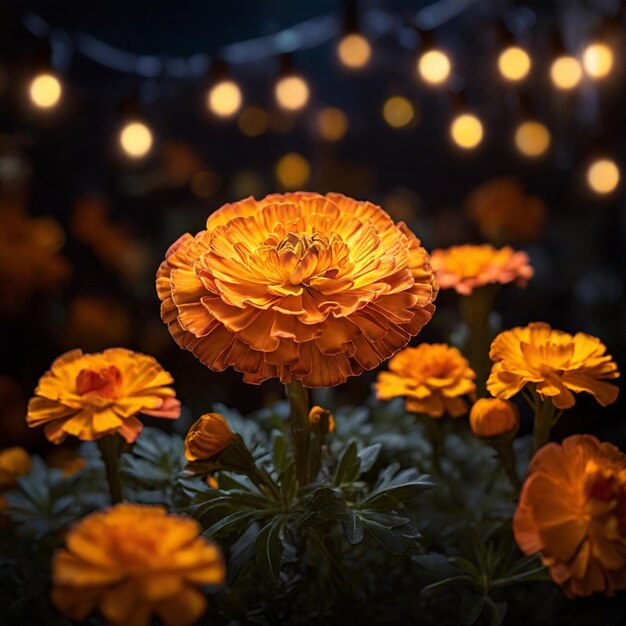 Eine wunderschöne magische Marigoldblume mit magischen Lichtern im Hintergrund