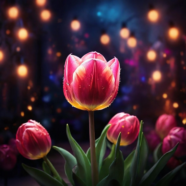 Eine wunderschöne magische Tulpenblume mit magischen Lichtern im Hintergrund