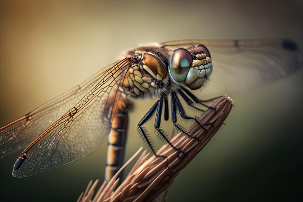 Eine wunderschöne Makroaufnahme einer Libelle, die auf einem Ast ruht, mit einem verschwommenen Hintergrund, der ihre zarten Flügel betont, die von KI generiert wurden