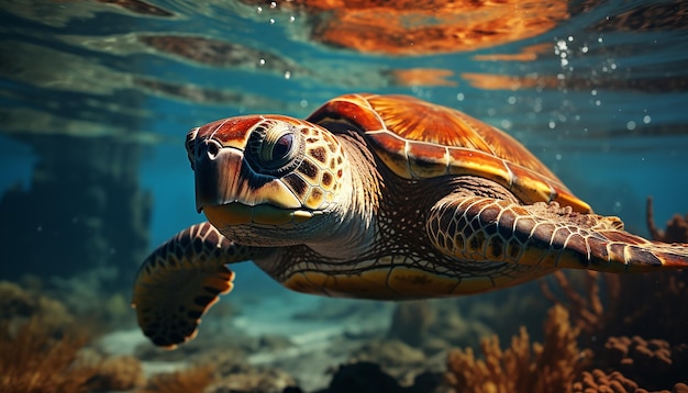 Foto eine wunderschöne meeresschildkröte, die im blauen unterwasser schwimmt, erzeugt von ki