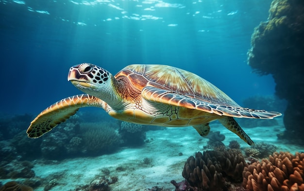 Eine wunderschöne Meeresschildkröte schwimmt im Unterwasserriff