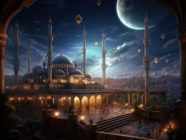 Eine wunderschöne Moschee mit filmischem Mond, der beste Hintergrund für islamische Veranstaltungen