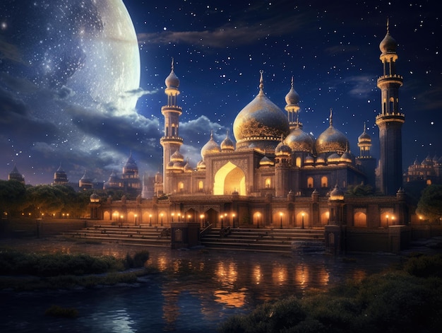 Eine wunderschöne Moschee mit filmischem Mond, der beste Hintergrund für islamische Veranstaltungen