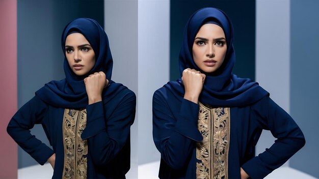 Eine wunderschöne muslimische Frau posiert im Studio. Sie ist ernst.