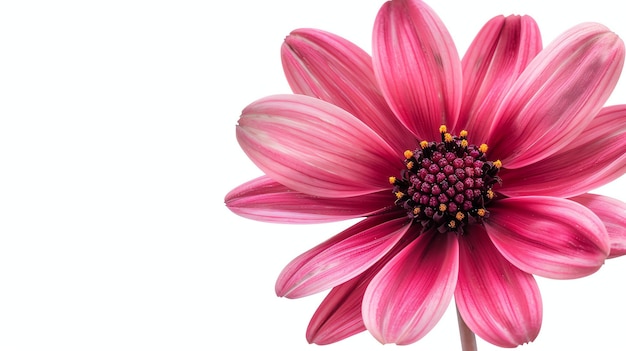 Eine wunderschöne Nahaufnahme einer rosa Gänseblume in voller Blüte vor einem weißen Hintergrund Die Blütenblätter sind zart und die Farben lebendig