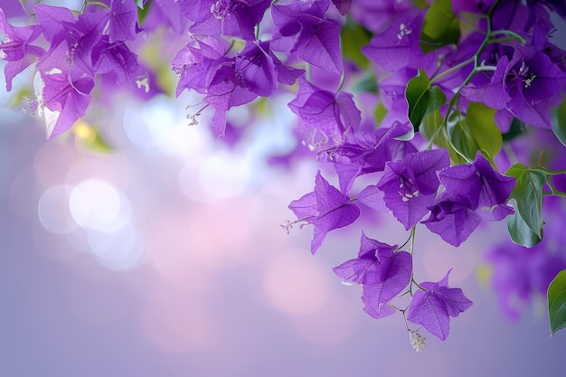 Eine wunderschöne Nahaufnahme von lila Bougainvillea-Blüten mit grünen Blättern vor einem verschwommenen Hintergrund.