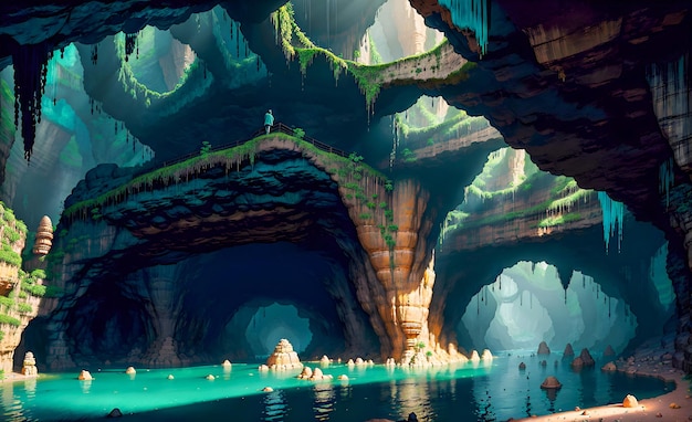 Eine wunderschöne Perspektive auf das Leuchten der Höhlengeheimnisse der unterirdischen Fantasiewelt. Hochwertige generative KI-Nachbearbeitung