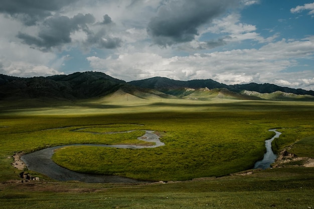 Eine wunderschöne sibirische Landschaft mit einem Fluss vor dem Hintergrund der Berge in der Republik Altai