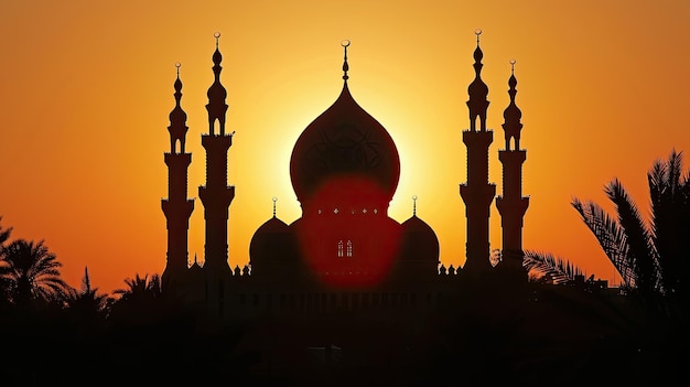 Eine wunderschöne Silhouette einer Moschee vor einer untergehenden Sonne