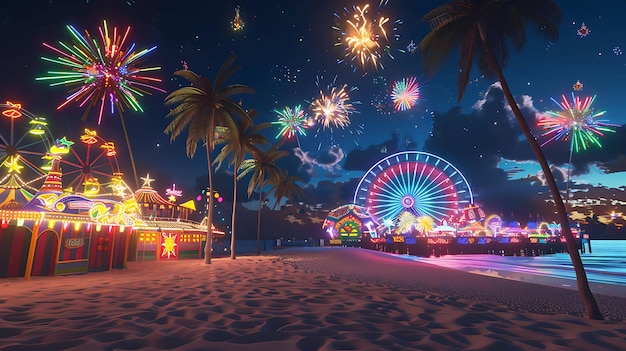 Eine wunderschöne Sommernacht am Strand Das Riesenrad ist beleuchtet und es gibt Feuerwerk am Himmel