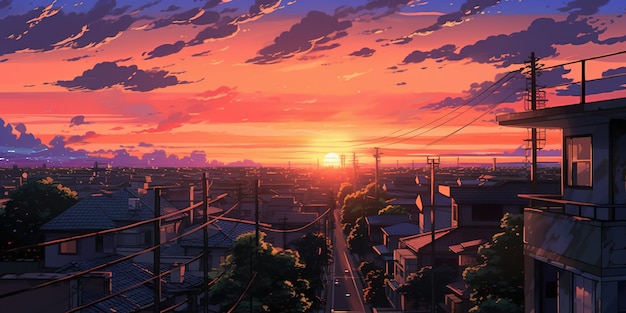 Eine wunderschöne Stadt am Morgen, Häuser an der Straße, Anime, Comics, Artstyle, gemütlich, Lofi, asiatisch