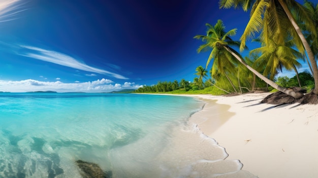 Eine wunderschöne Strandszene mit Palmen und Wasser