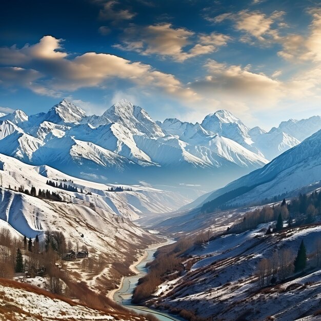 Eine wunderschöne Winterlandschaft mit schneebedeckten Bergen und einem Tal, durch das ein Fluss fließt