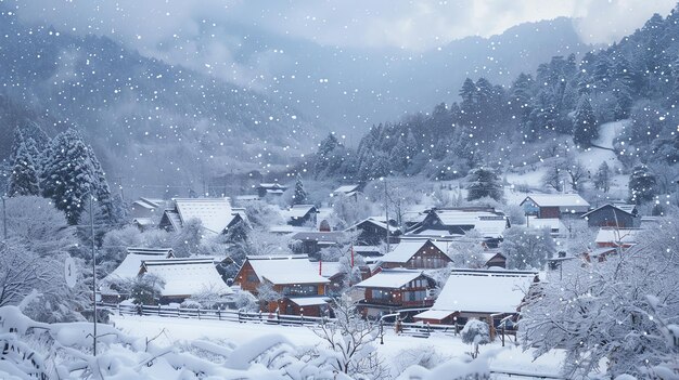 Foto eine wunderschöne winterszene eines dorfes in den bergen der schnee fällt stark und die bäume sind mit schnee bedeckt