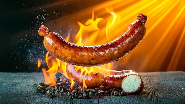 eine Wurst ist auf einem Feuer mit Flammen im Hintergrund