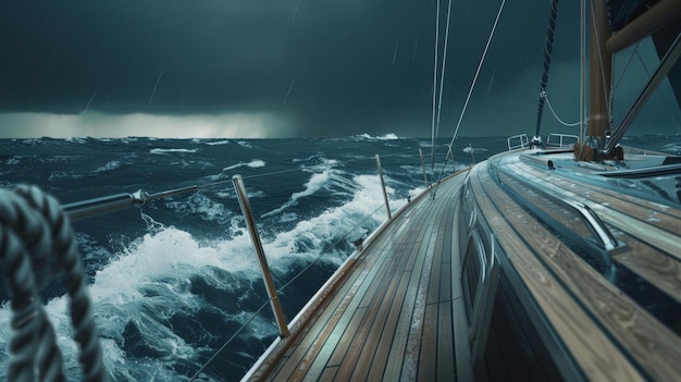 Eine Yacht, die in den Aufruhr segelt, konfrontiert sich mit hohen Wellen, während sich ein Sturm nähert