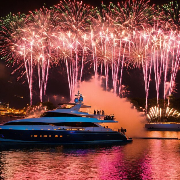 Eine Yacht und ein Feuerwerk. Hintergrund