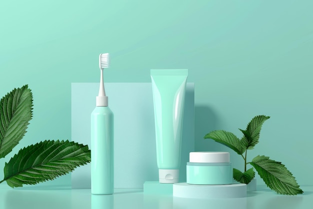 Eine Zahnbürste, eine Zahnpasta und ein Mundwasser werden auf einer grünen Oberfläche ausgestellt