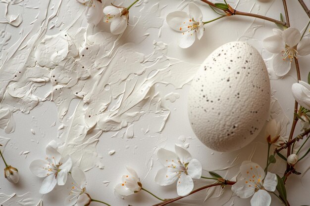 Foto eine zarte osterkomposition mit einem fleckigen ei inmitten zart weißer blumen