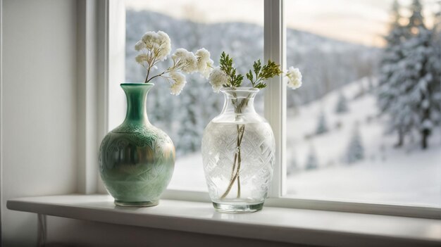 Eine zarte Vase schmückt ein hohes weißes Fenster, das auf einem weißen Holztisch liegt. Ein gerahmtes Bild einer schneebedeckten Landschaft dient als Hintergrund