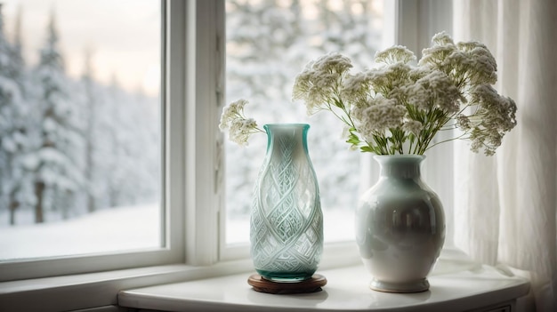Eine zarte Vase schmückt ein hohes weißes Fenster, das auf einem weißen Holztisch liegt. Ein gerahmtes Bild einer schneebedeckten Landschaft dient als Hintergrund