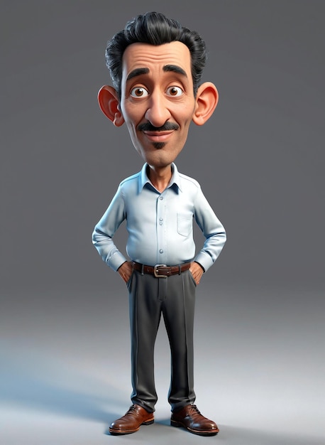 eine Zeichentrickfigur in einem blauen Hemd und schwarzen Hose