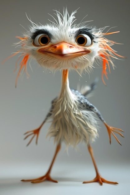 Eine Zeichentrickfigur in Form eines kleinen Vogels mit dünnen Beinen auf einem weißen Hintergrund 3D-Illustration