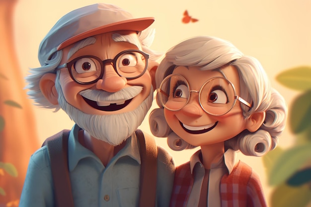 Eine Zeichentrickfigur mit Brille und einer Frau vor einem Schmetterling