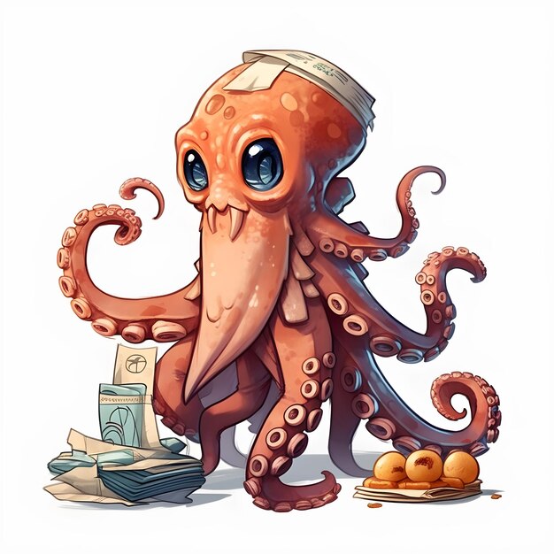 Eine Zeichentrickfigur mit einem Buchstaben, auf dem "Oktopus" steht