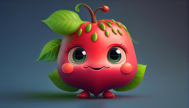 Eine Zeichentrickfigur mit einem grünen Blatt auf dem Kopf und einer rosa Erdbeere auf dem Kopf.