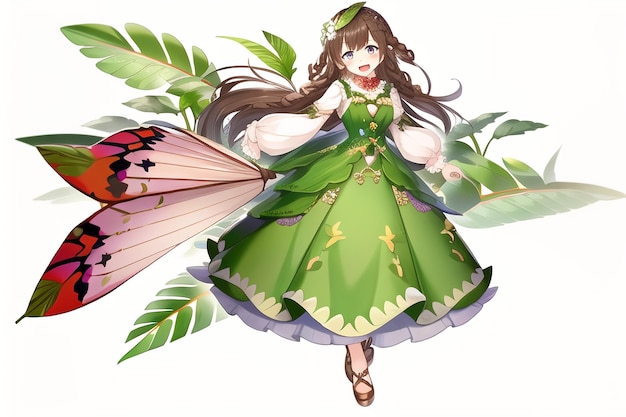 Eine Zeichentrickfigur mit einem grünen Kleid und einem Schmetterling auf der Brust.
